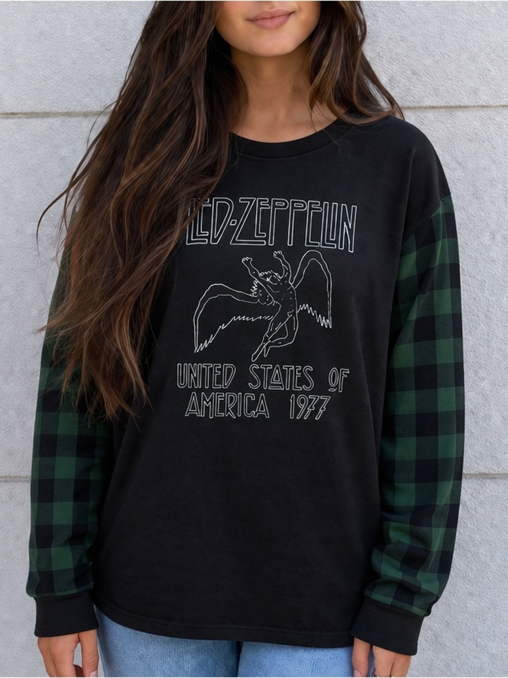 Upcycled Led Zeppelin Graphic Long Sleeve Tee with Green Plaid Relaxed Shirt